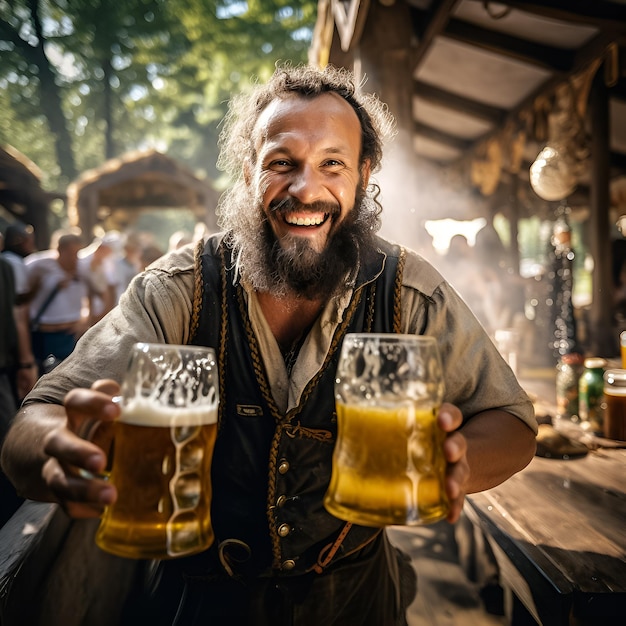 a man holds up two mugs of beer.