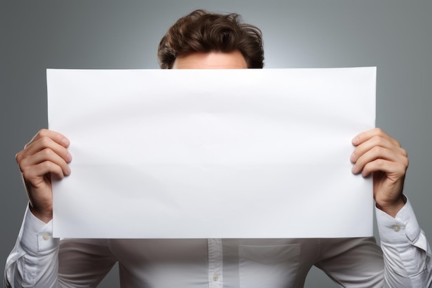 Мужчина держит белый бумажный плакат Мужчина спрятан за большим плакатом Иллюстрация Генеративного ИИ