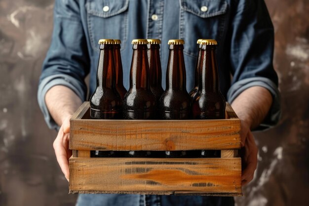 Photo a man holds a wooden box with beer bottles