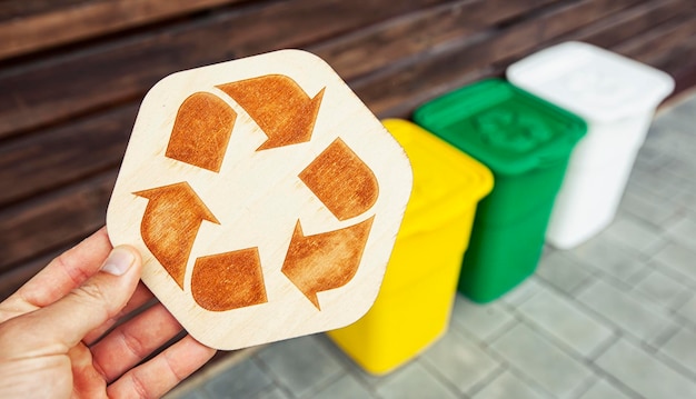 Man holds the wooden recycle sign in hand in front of three\
dustbins for sorting trash