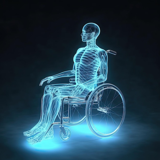Man hologram in rolstoel Futuristische AI en inclusie concept