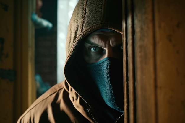 A man in a hood and a hood stands in a dark room with a door open and a sign that says'the door is open '