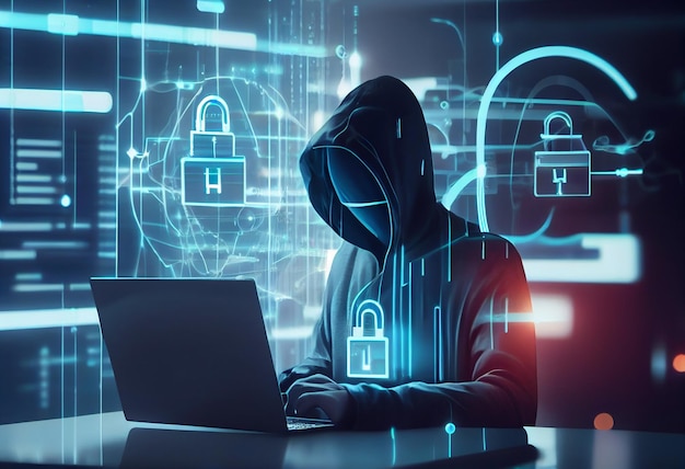 A man in a hood sits in front of a laptop with a padlock in the middle.