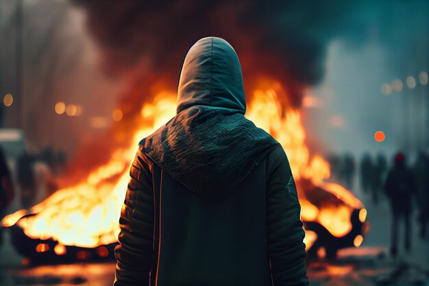 A man in a hood standing in front of a burning fireplace at nightgenerative ai