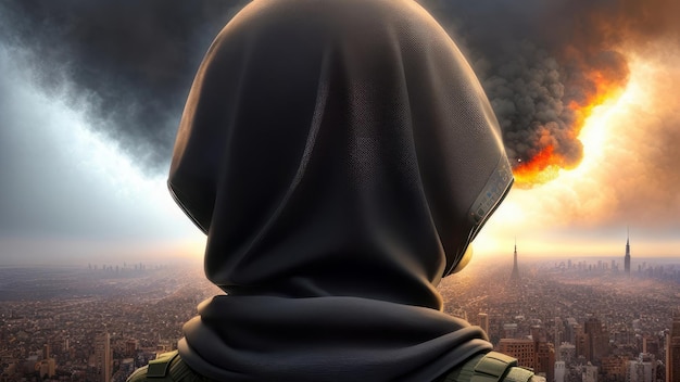 A man in a hood stands looking at a cityscape with a fire in the sky.