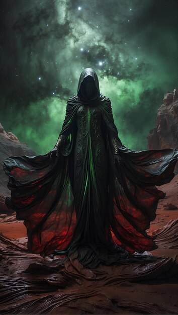 a man in a hooded cloak and a green cape