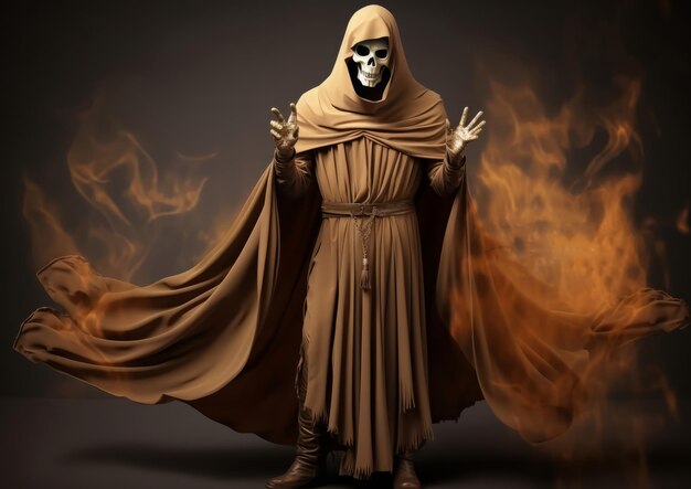 A man in a hooded costume with a skull on his face