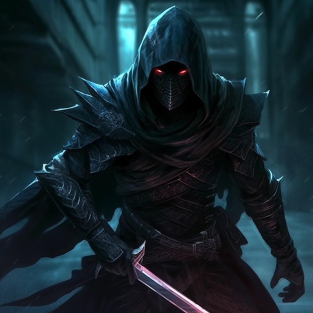 A man in a hooded jacket holding a sword in a dark alley generative ai