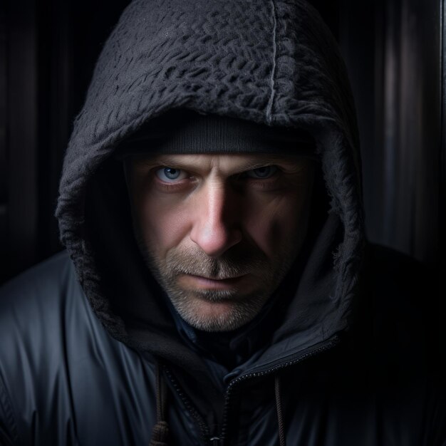 a man in a hooded jacket looking at the camera