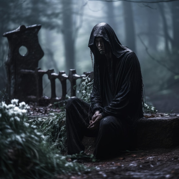 a man in a hooded robe sitting on a bench in the woods