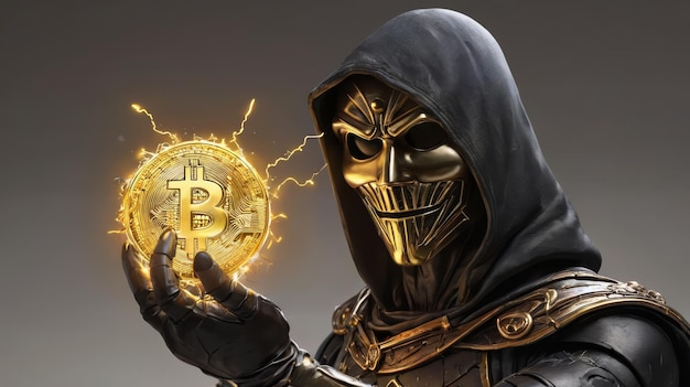 Man in Hooded Suit Holding Bitcoin