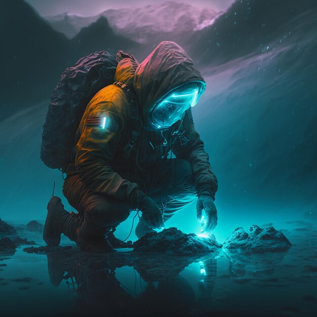 A man in a hoodie crouches in the ice with a glowing light on his back.