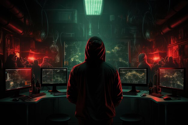 a man in a hoodie in front of two computer screens