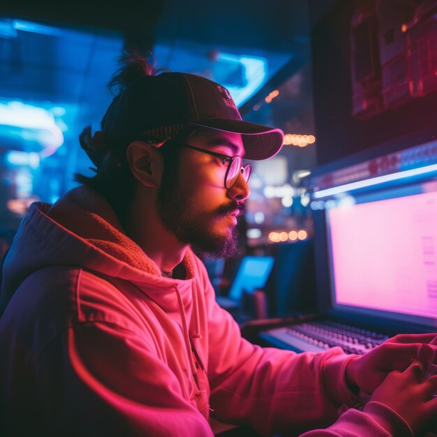 A man in a hoodie and glasses is working on a computer