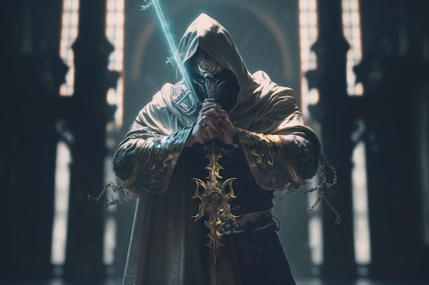 A man in a hoodie holds a sword in front of a dark background.