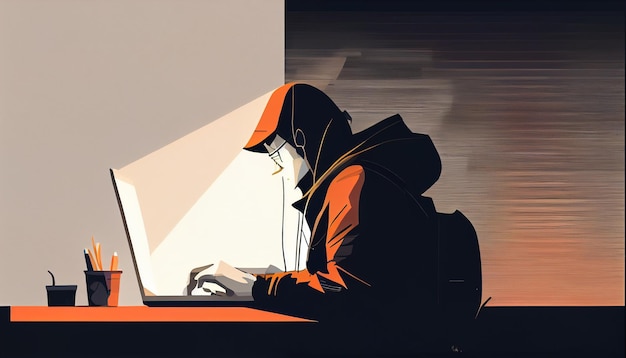 A man in a hoodie and a hoodie is working on a laptop