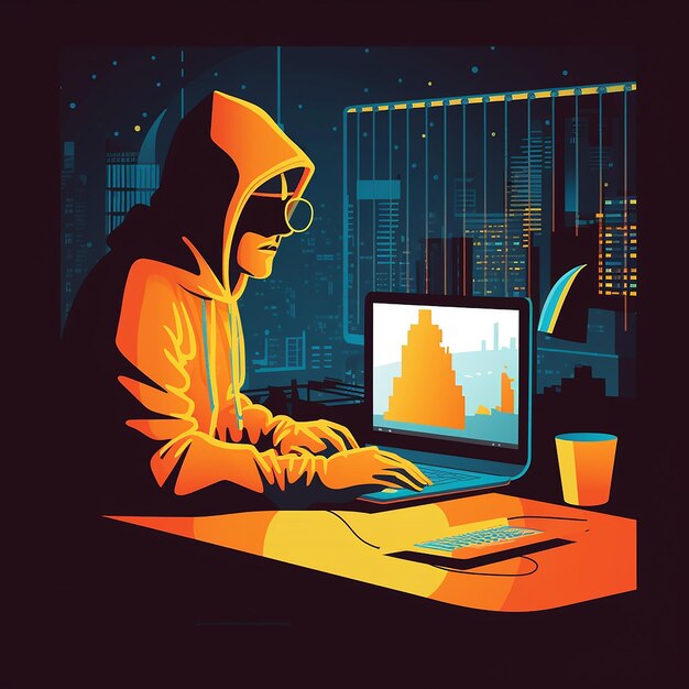 Photo a man in a hoodie is on a computer in a dark room.