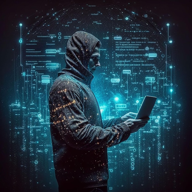 A man in a hoodie is looking at a tablet with the words cyber security on it.