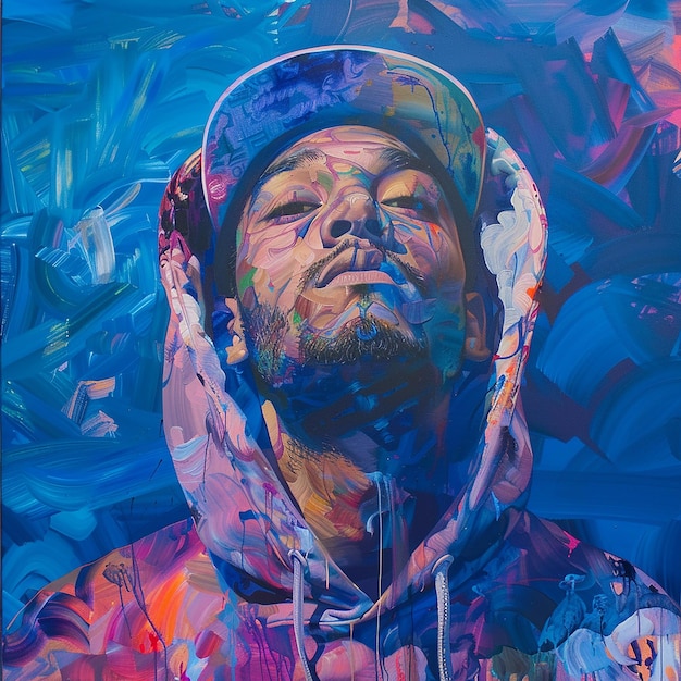 a man in a hoodie is standing in front of a colorful image