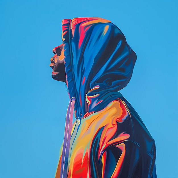 a man in a hoodie is standing in front of a colorful image