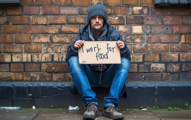 A man in a hoodie and jeans sits on a sidewalk holding a cardboard sign with text I work for food