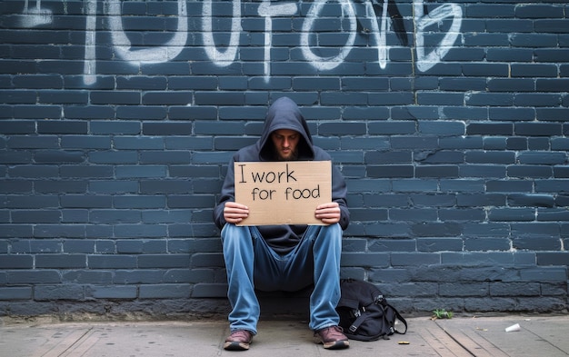 A man in a hoodie and jeans sits on a sidewalk holding a cardboard sign with text I work for food