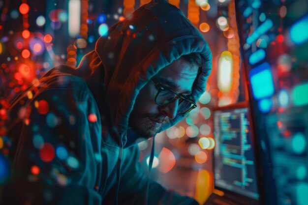 Photo man in hoodie looking at computer screen