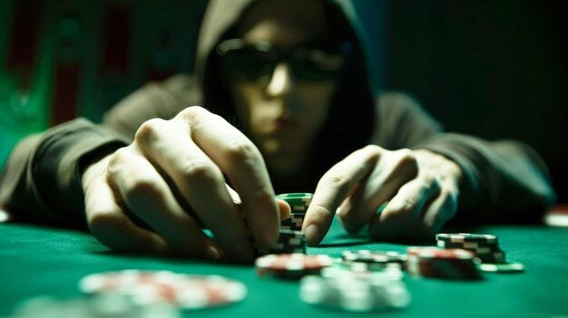 Foto uomo con cappuccio che gioca a poker