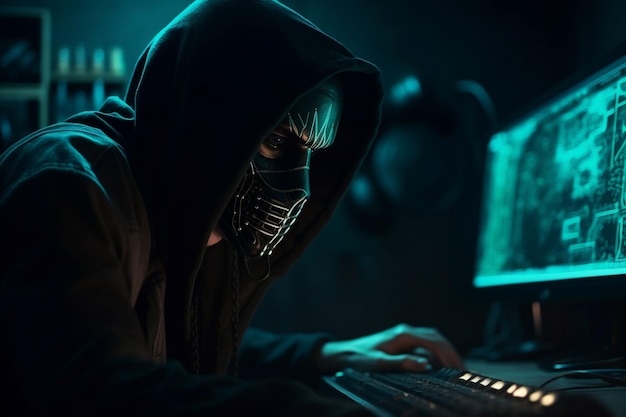 A man in a hoodie sits at a computer in a dark room with a computer monitor and a keyboard.