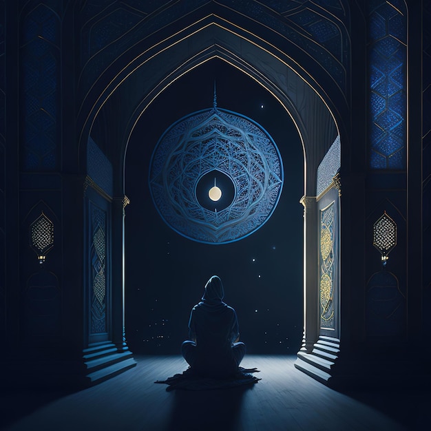 후드티를 입은 남자가 어두운 방에서 큰 달 앞에 앉아 있다.