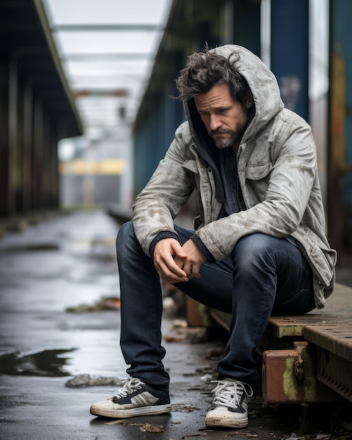 a man in a hoodie sitting on a bench