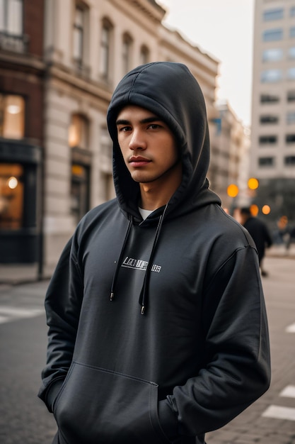 Photo a man in a hoodie standing on a city street corner with a building in the background and a person wa