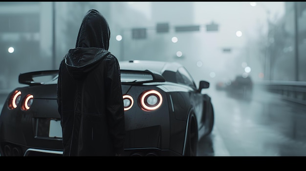 man in a hoodie standing in front of a car in the rain ai generated