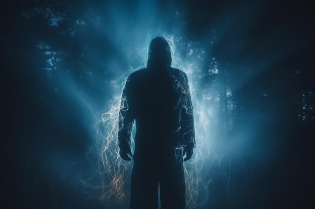 Photo a man in a hoodie standing in front of a dark forest