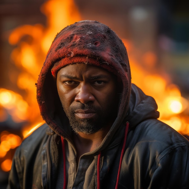 a man in a hoodie standing in front of a fire