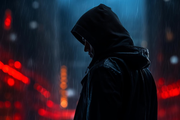 a man in a hoodie standing in the rain