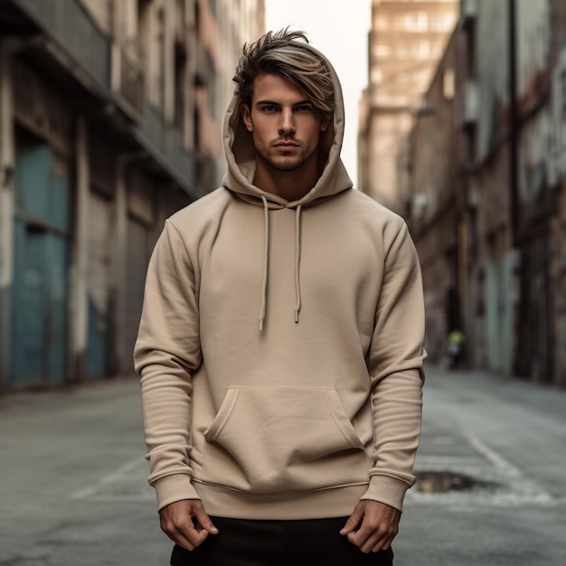 a man in a hoodie stands in an alley.