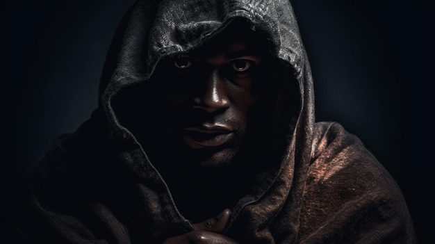 A man in a hoodie stands in a dark room with a dark background.