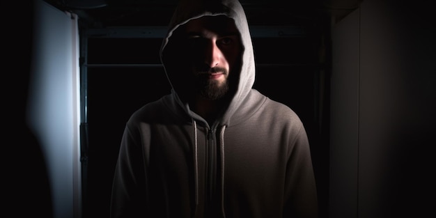 A man in a hoodie stands in a dark room with a dark background.