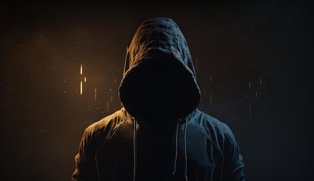 A man in a hoodie stands in front of a dark background with the word thief on it.