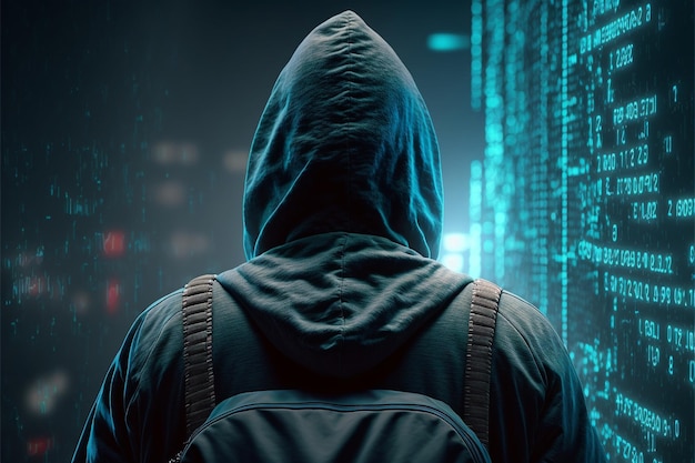 A man in a hoodie stands in front of a glowing matrix.
