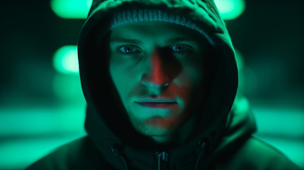 Photo a man in a hoodie stands in front of a green light.