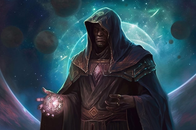 A man in a hoodie stands in front of a planet with stars and planets.