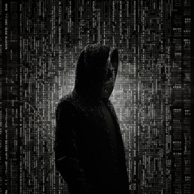 A man in a hoodie stands in front of a wall with a man in a hoodie
