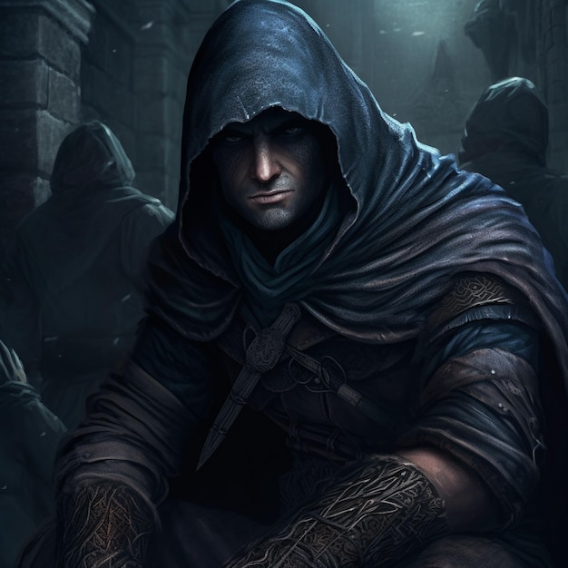 Photo a man in a hoodie stands in the rain with the word assassin on it