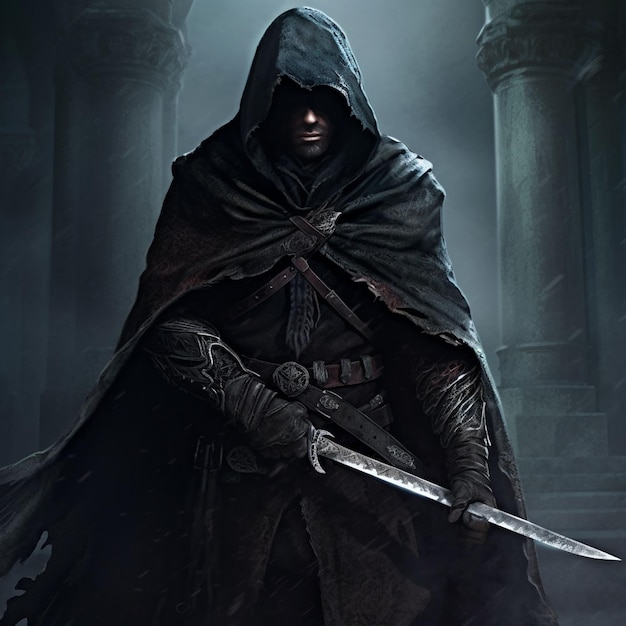 A man in a hoodie stands in the rain with the word assassin on it