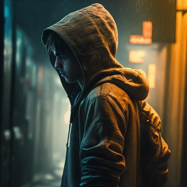 A man in a hoodie stands in the rain