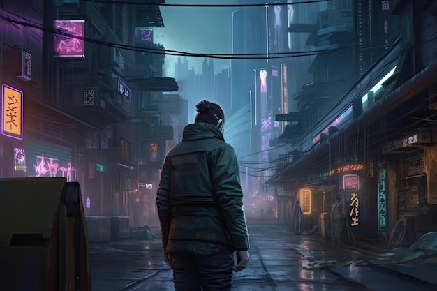 A man in a hoodie walks down a street in a cyberpunk city.