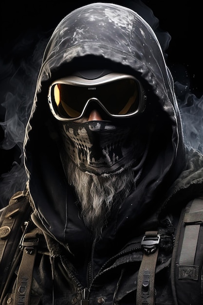 a man in a hoodie with goggles and a black hoodie.