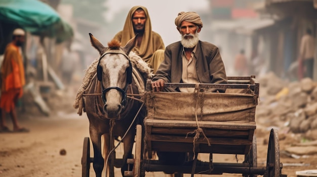 A man and a horse and cart are driving through a town.